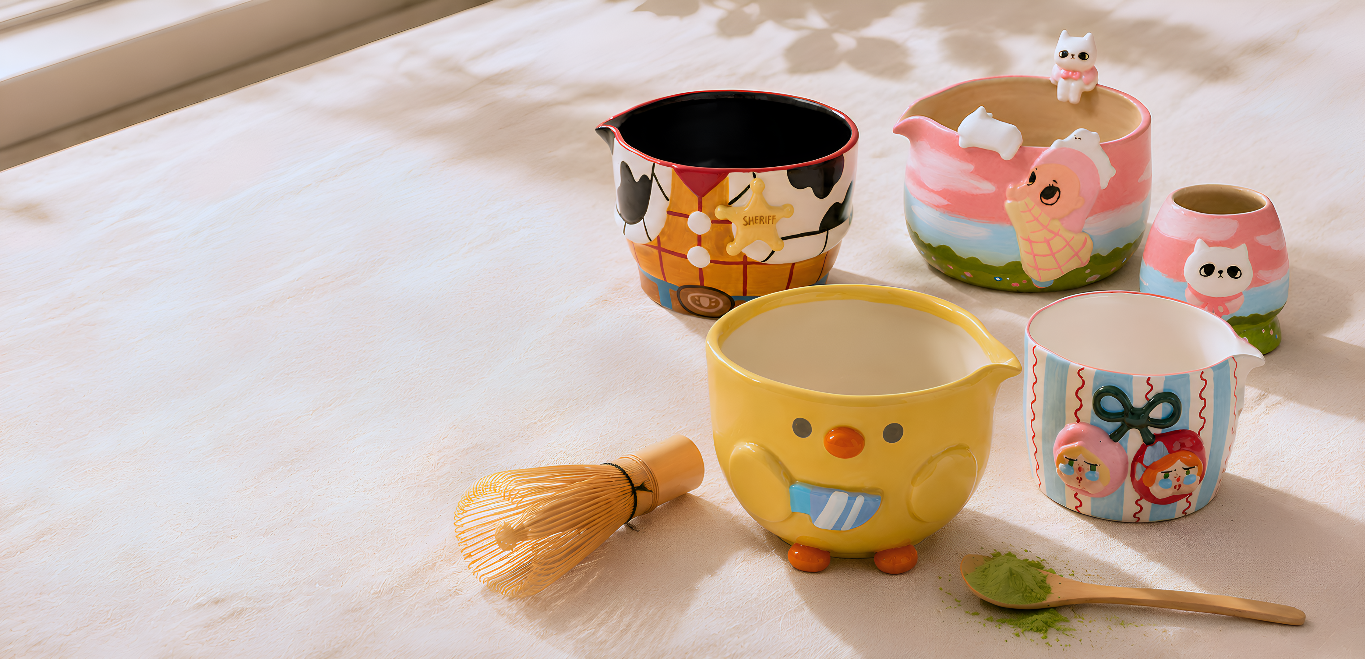 Overhead flat-lay composition of colorful, textured handcrafted ceramic pieces